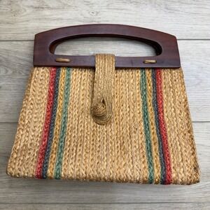Vintage Woven Straw Striped Handbag Wood Handle Boho Retro Purse Twee  70s